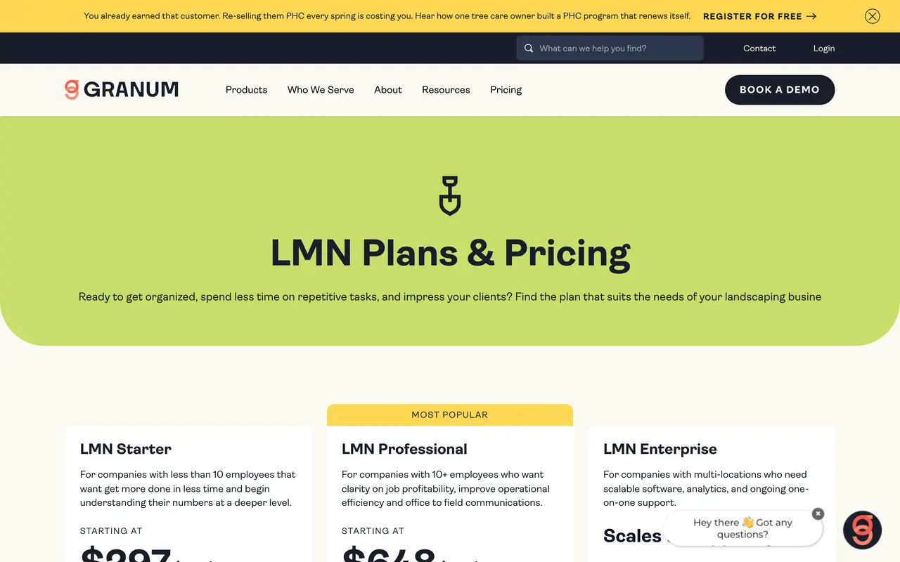 LMN pricing page - Landscaping SaaS pricing tiers and plans