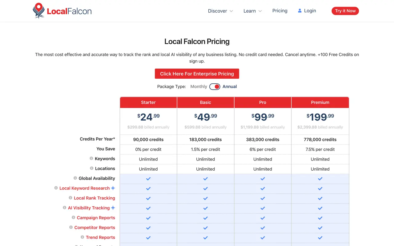 Local Falcon pricing page - Local SEO SaaS pricing tiers and plans