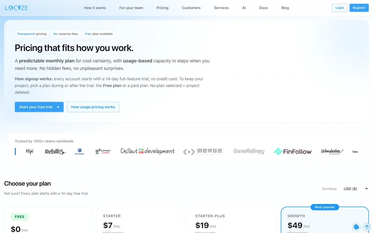 locize pricing page - Translation Widget SaaS pricing tiers and plans