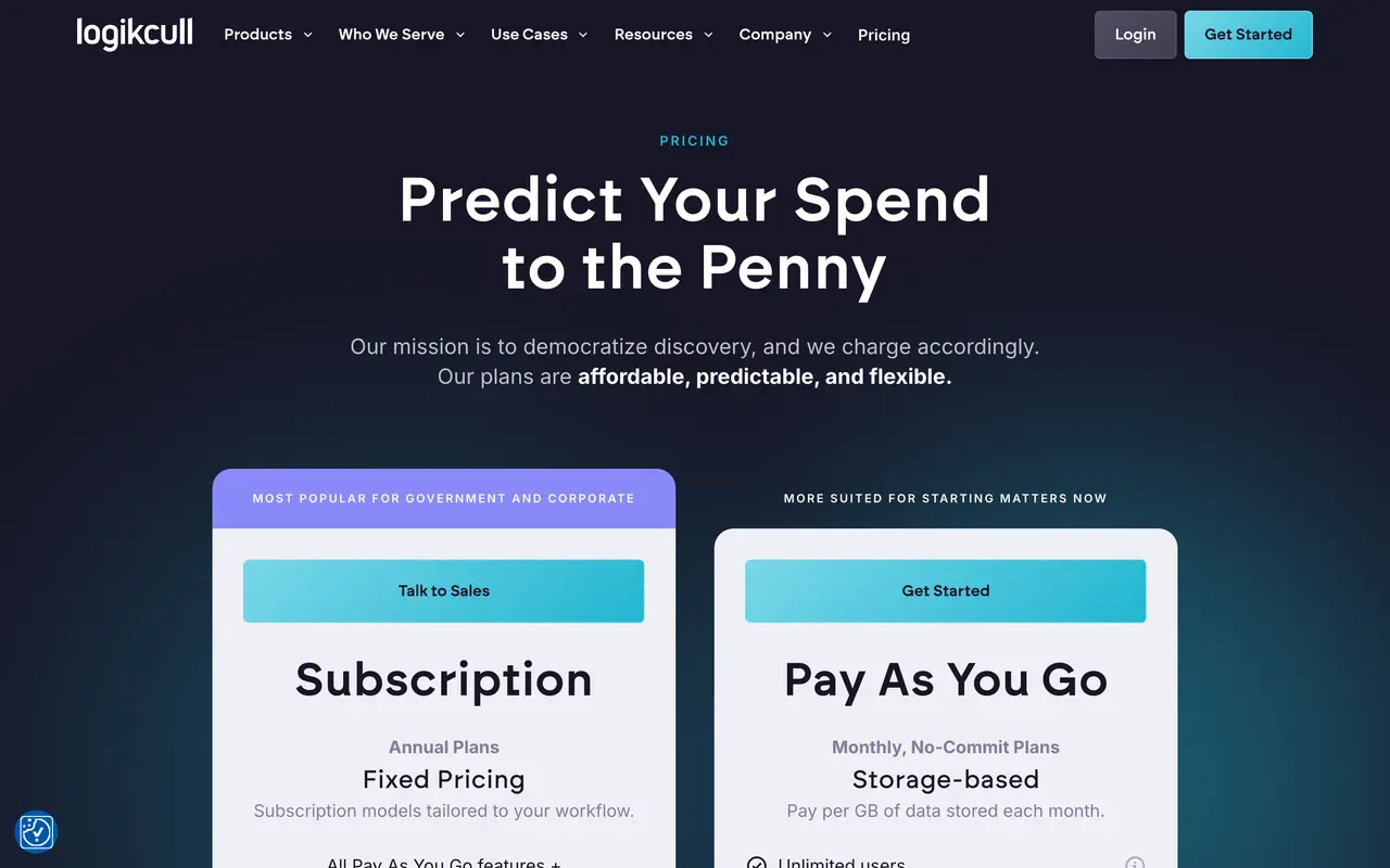 Logikcull pricing page - Legal SaaS pricing tiers and plans