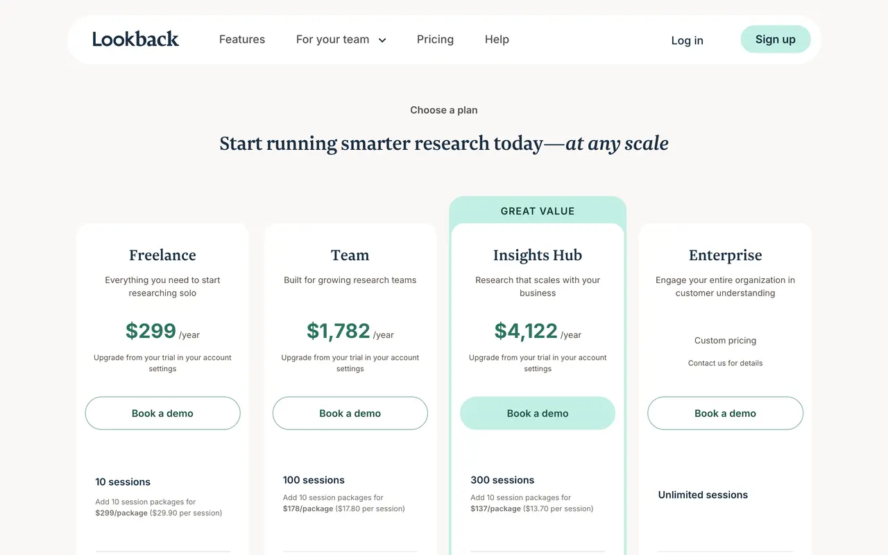 Lookback pricing page - Customer Feedback SaaS pricing tiers and plans