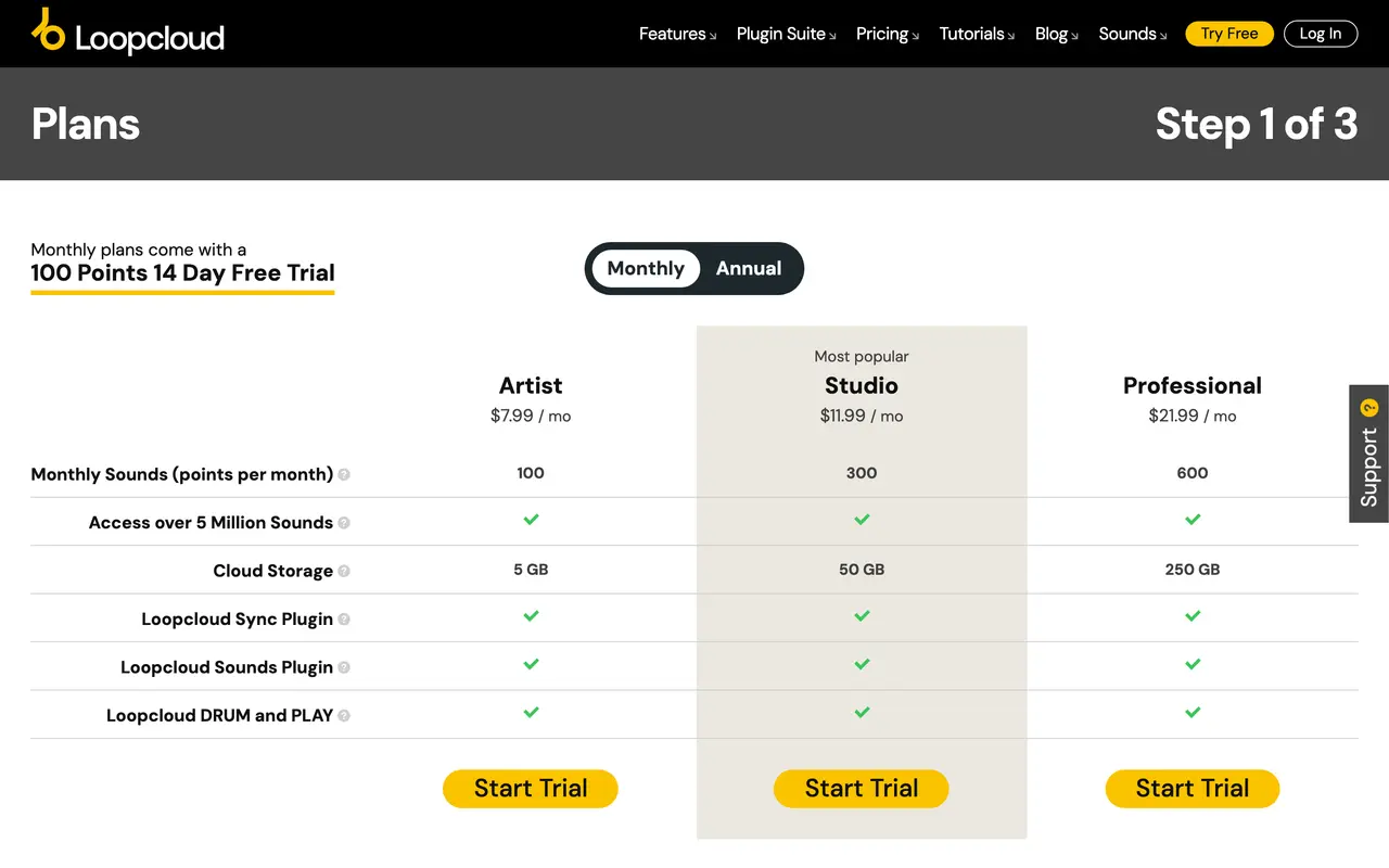 Loopcloud pricing page - Audio SaaS pricing tiers and plans