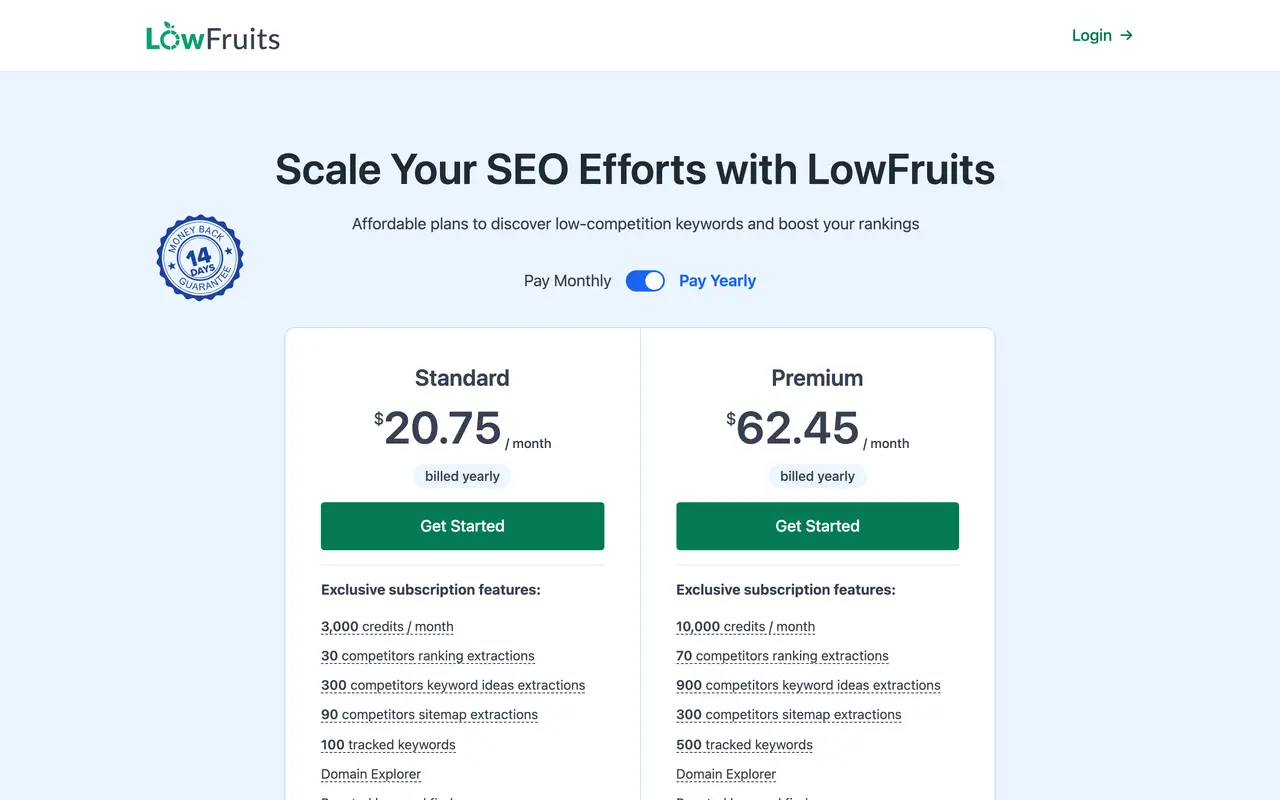 LowFruits pricing page - SEO SaaS pricing tiers and plans