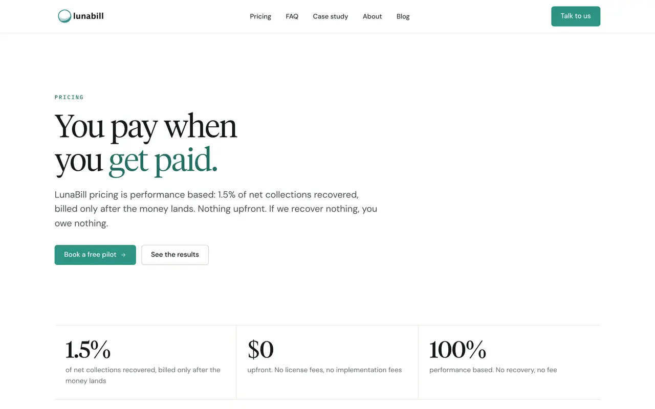 LunaBill pricing page - AI Healthcare SaaS pricing tiers and plans