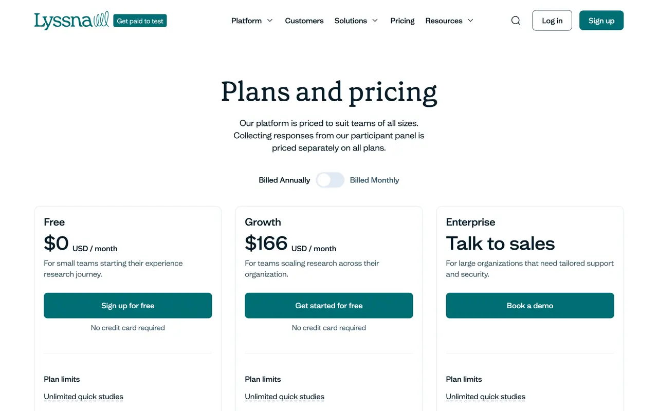 Lyssna pricing page - Analytics SaaS pricing tiers and plans