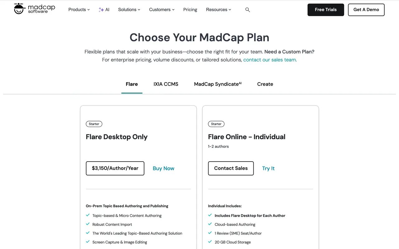 MadCap pricing page - Knowledge Base & Documentation SaaS pricing tiers and plans