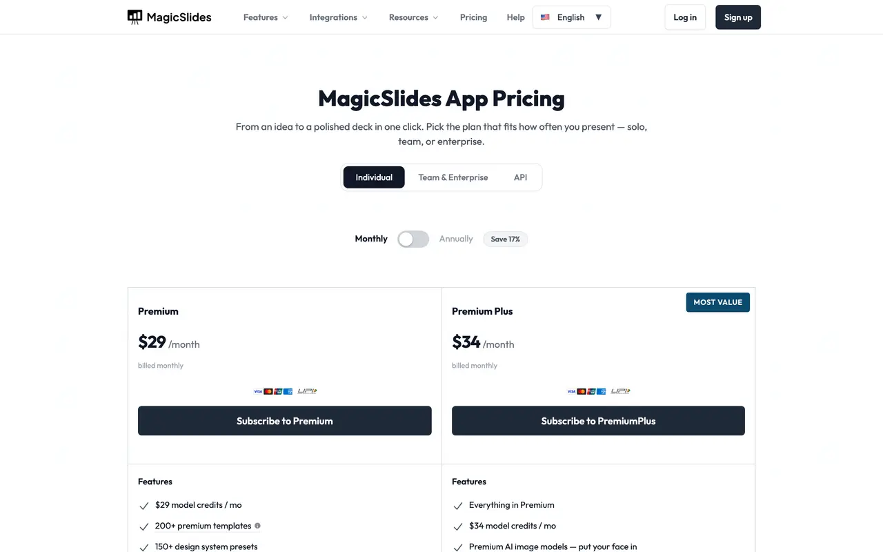 MagicSlides pricing page - AI Presentations SaaS pricing tiers and plans