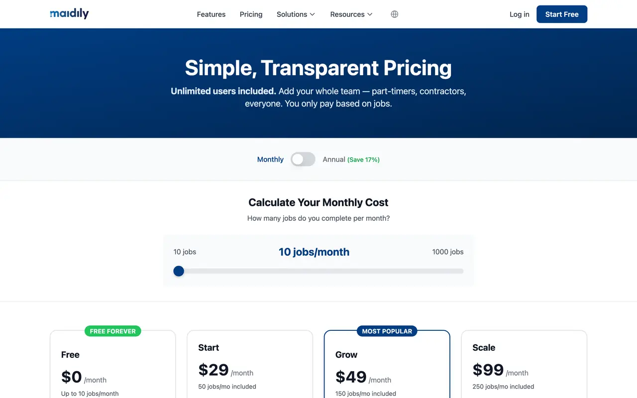 Maidily pricing page - Cleaning Services SaaS pricing tiers and plans
