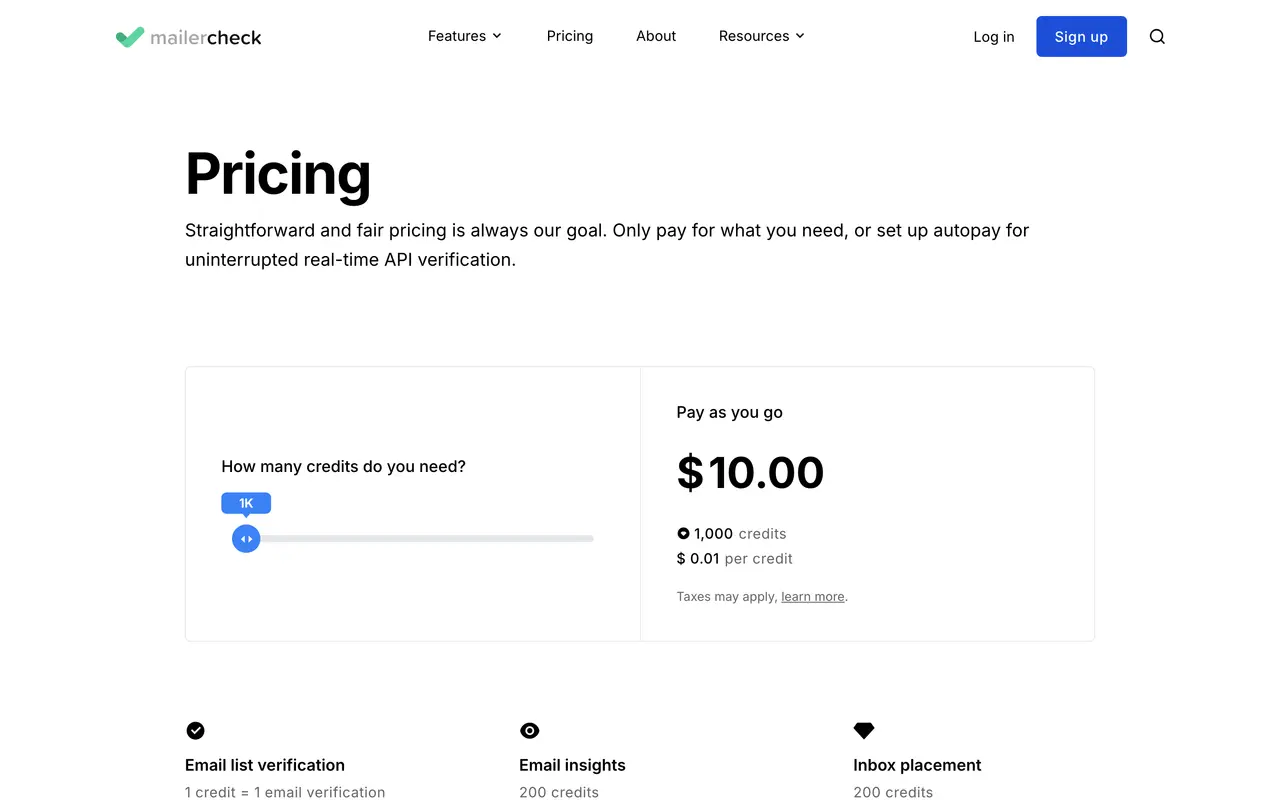 MailerCheck pricing page - Email Deliverability SaaS pricing tiers and plans
