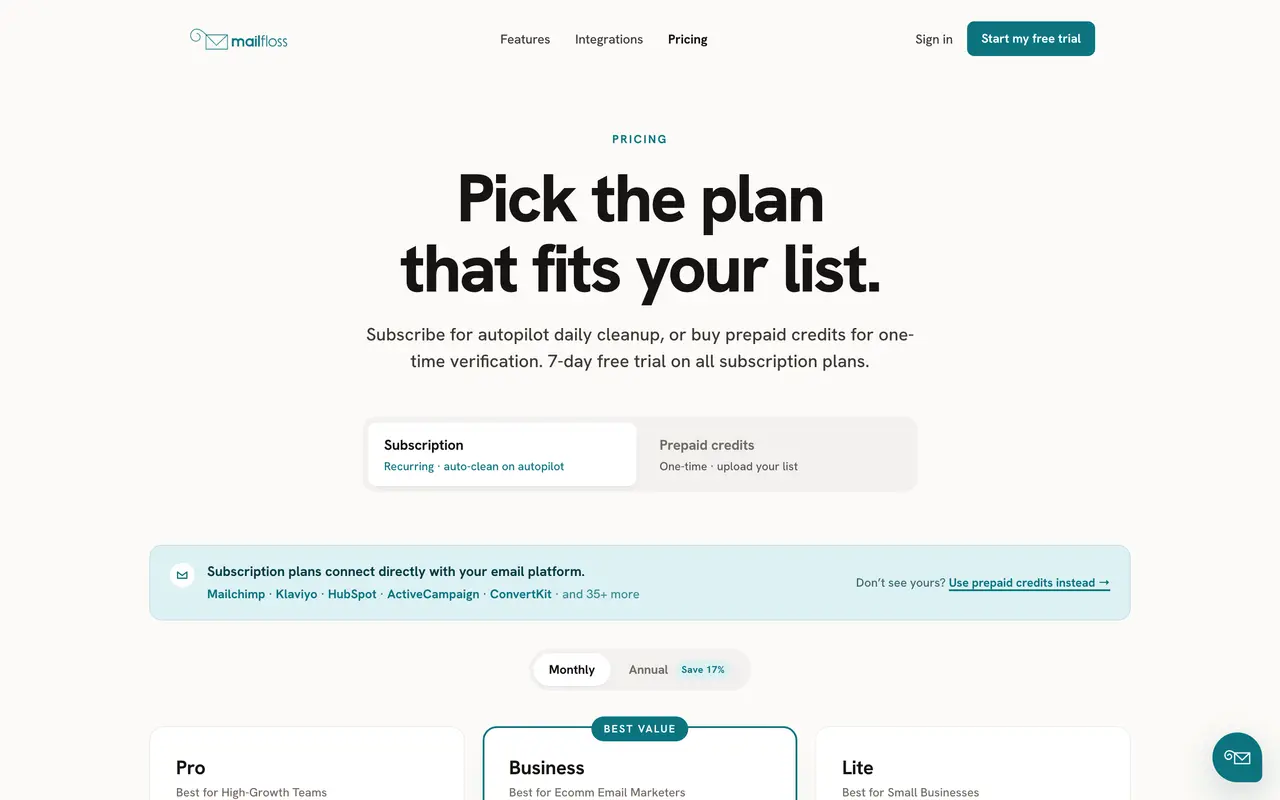 mailfloss pricing page - Email Deliverability SaaS pricing tiers and plans