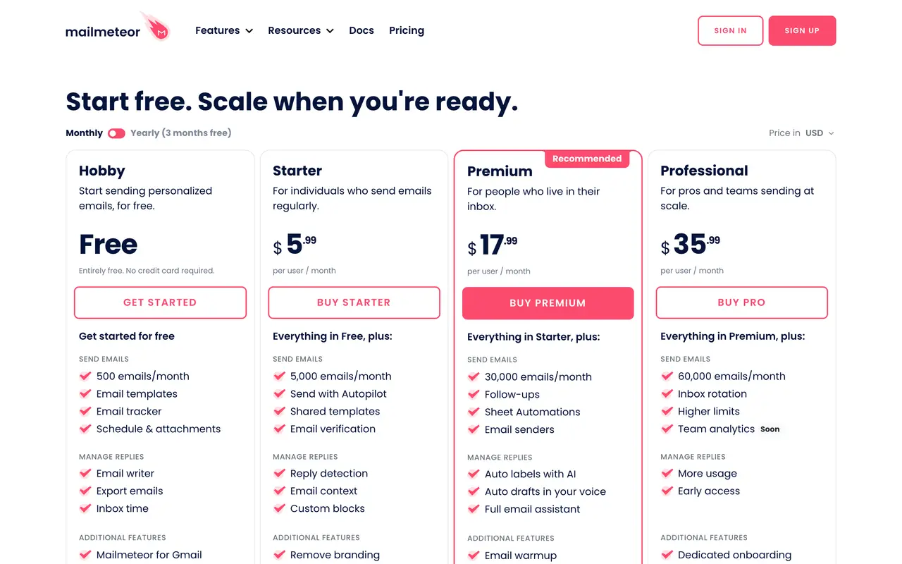 Mailmeteor pricing page - Email Marketing SaaS pricing tiers and plans