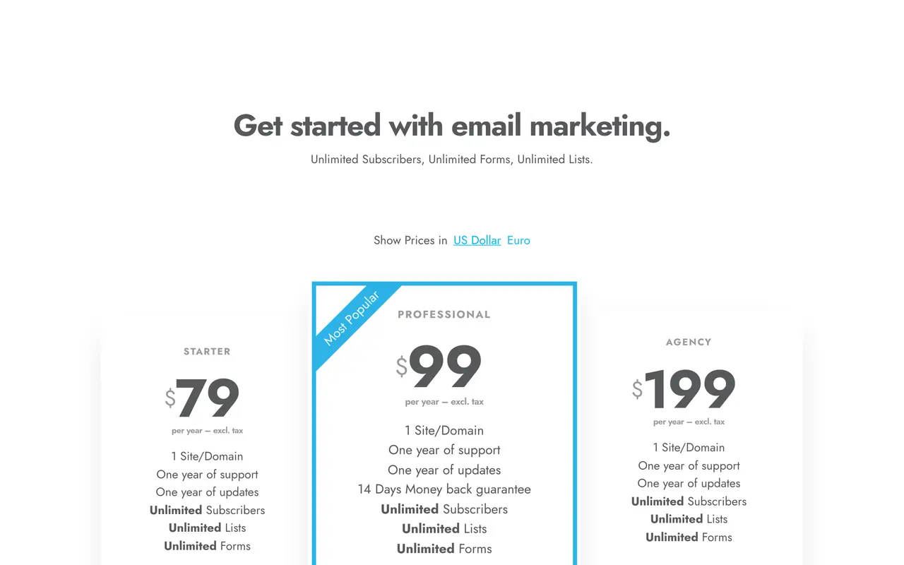 Mailster pricing page - Email Marketing SaaS pricing tiers and plans