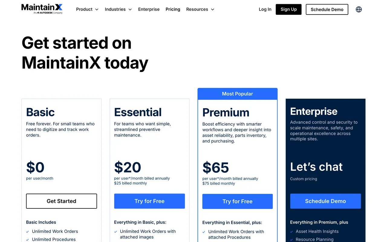 MaintainX pricing page - Maintenance SaaS pricing tiers and plans