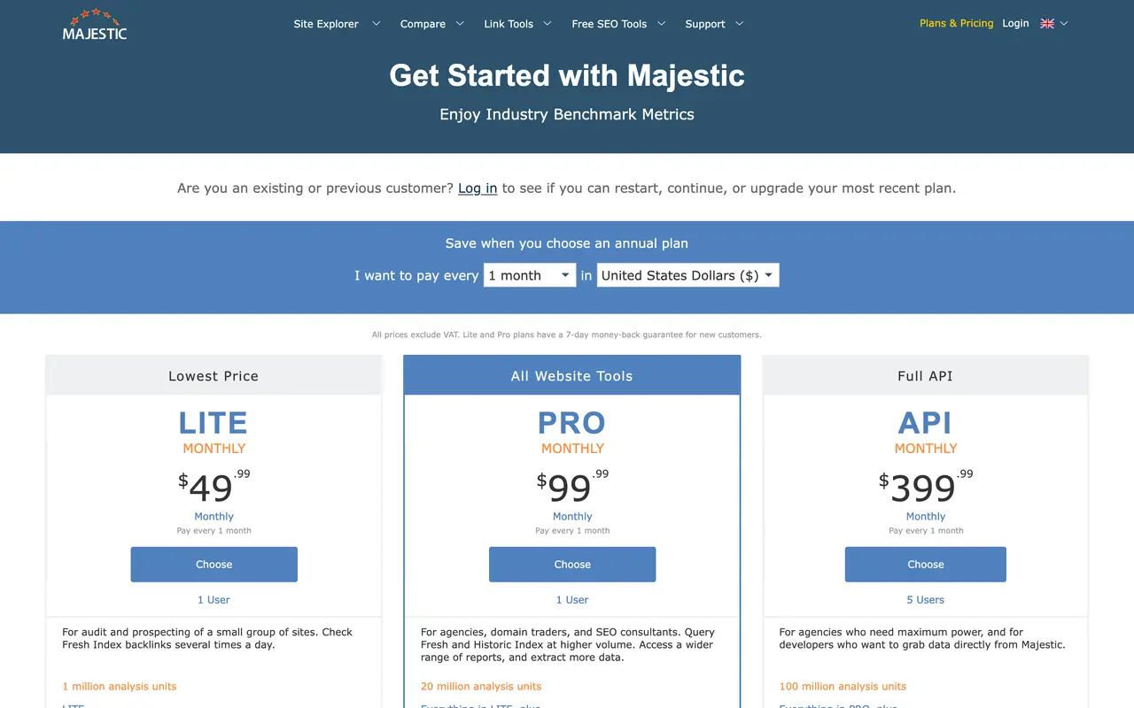 Majestic pricing page - SEO SaaS pricing tiers and plans