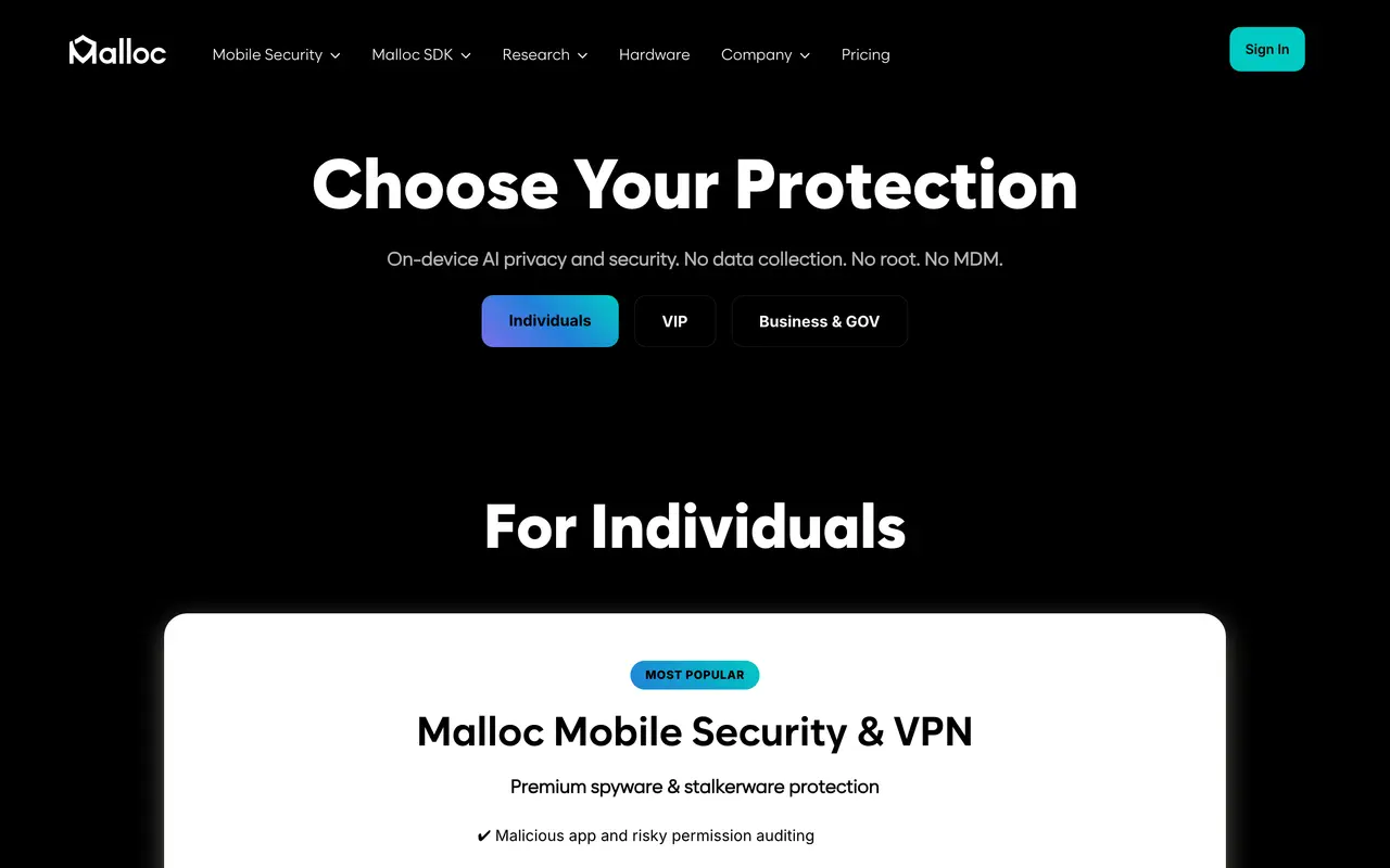 Malloc Inc pricing page - AI Security & Compliance SaaS pricing tiers and plans