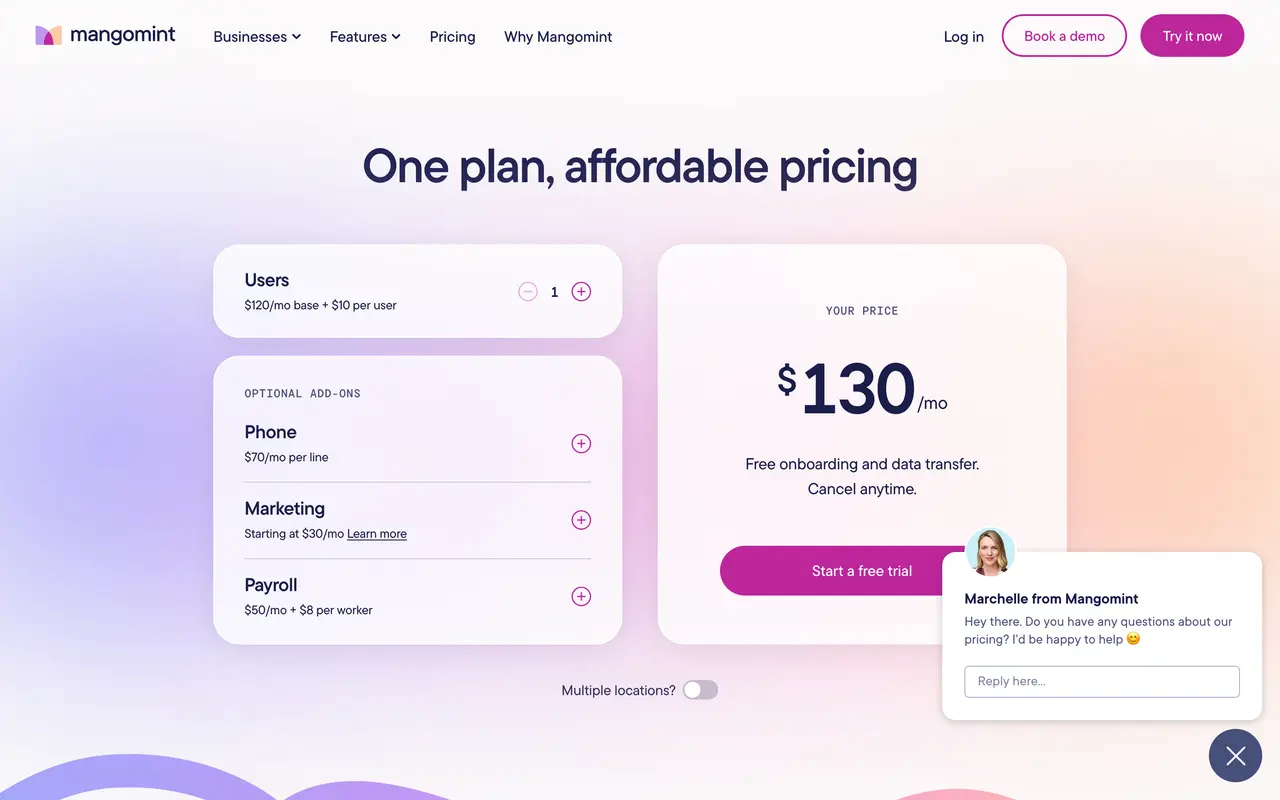 Mangomint pricing page - Scheduling SaaS pricing tiers and plans