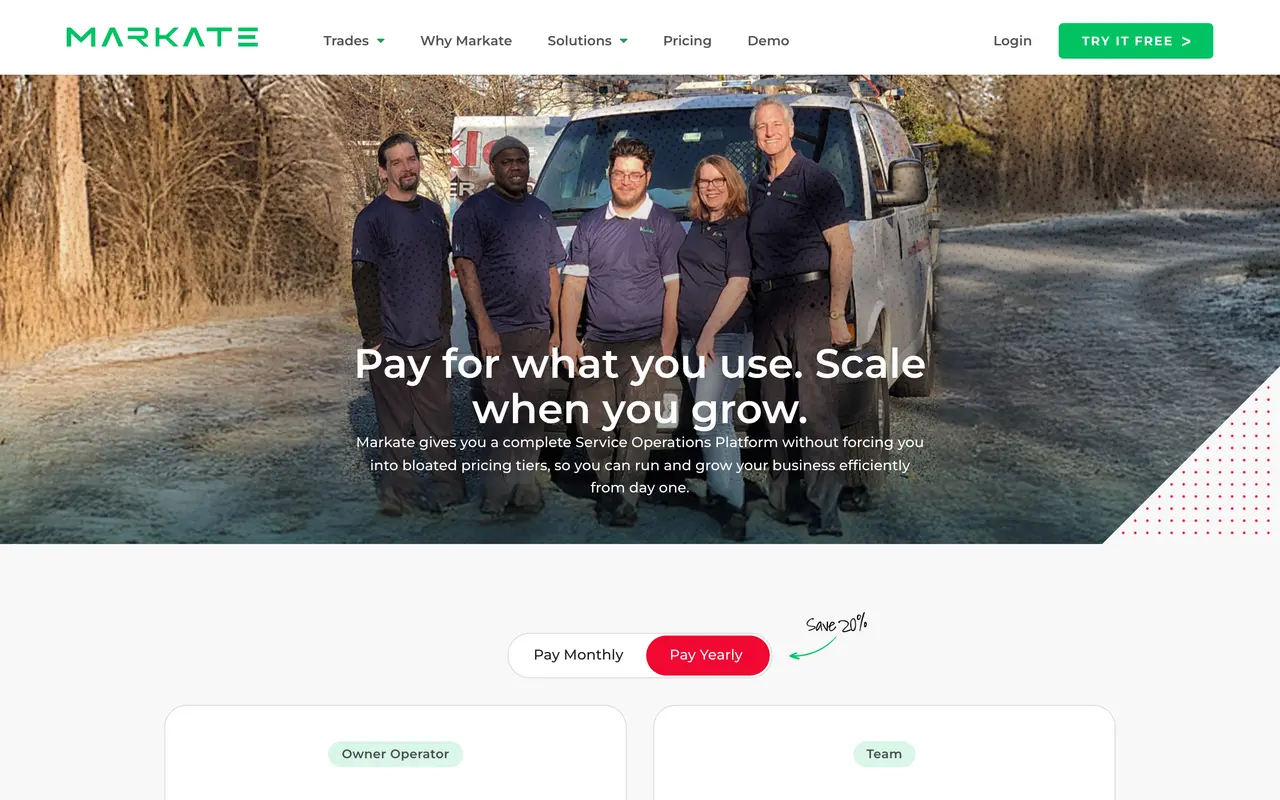 Markate pricing page - Field Service SaaS pricing tiers and plans