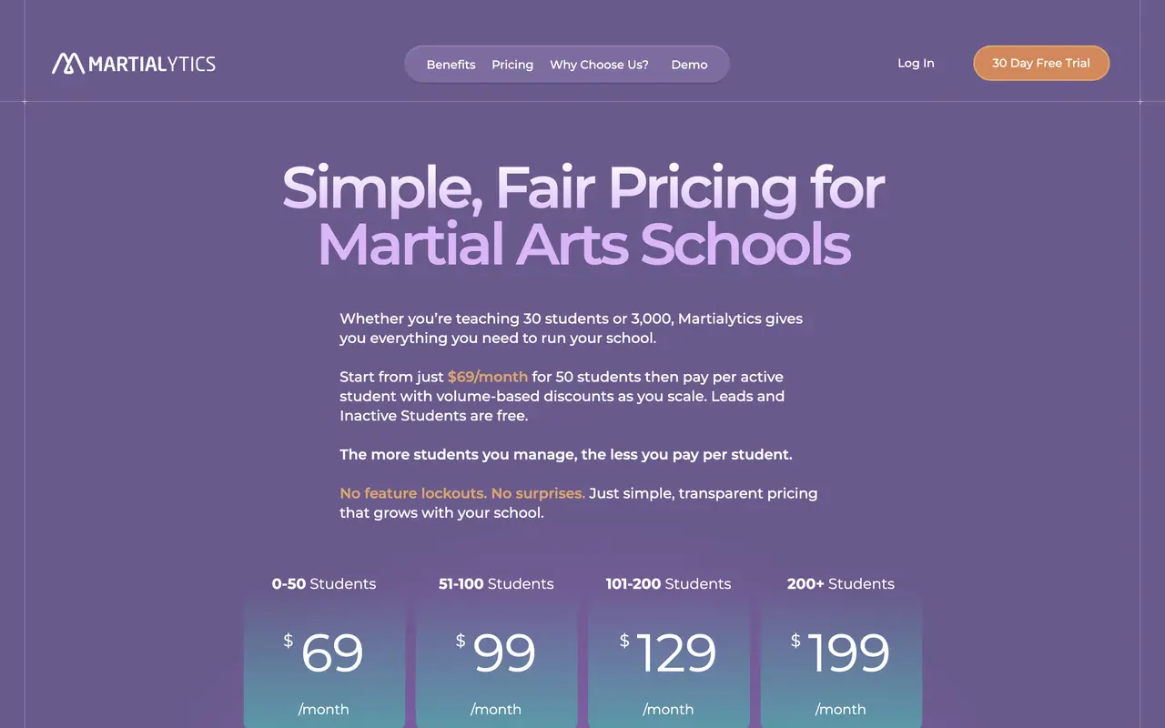 Martialytics pricing page - Martial Arts SaaS pricing tiers and plans