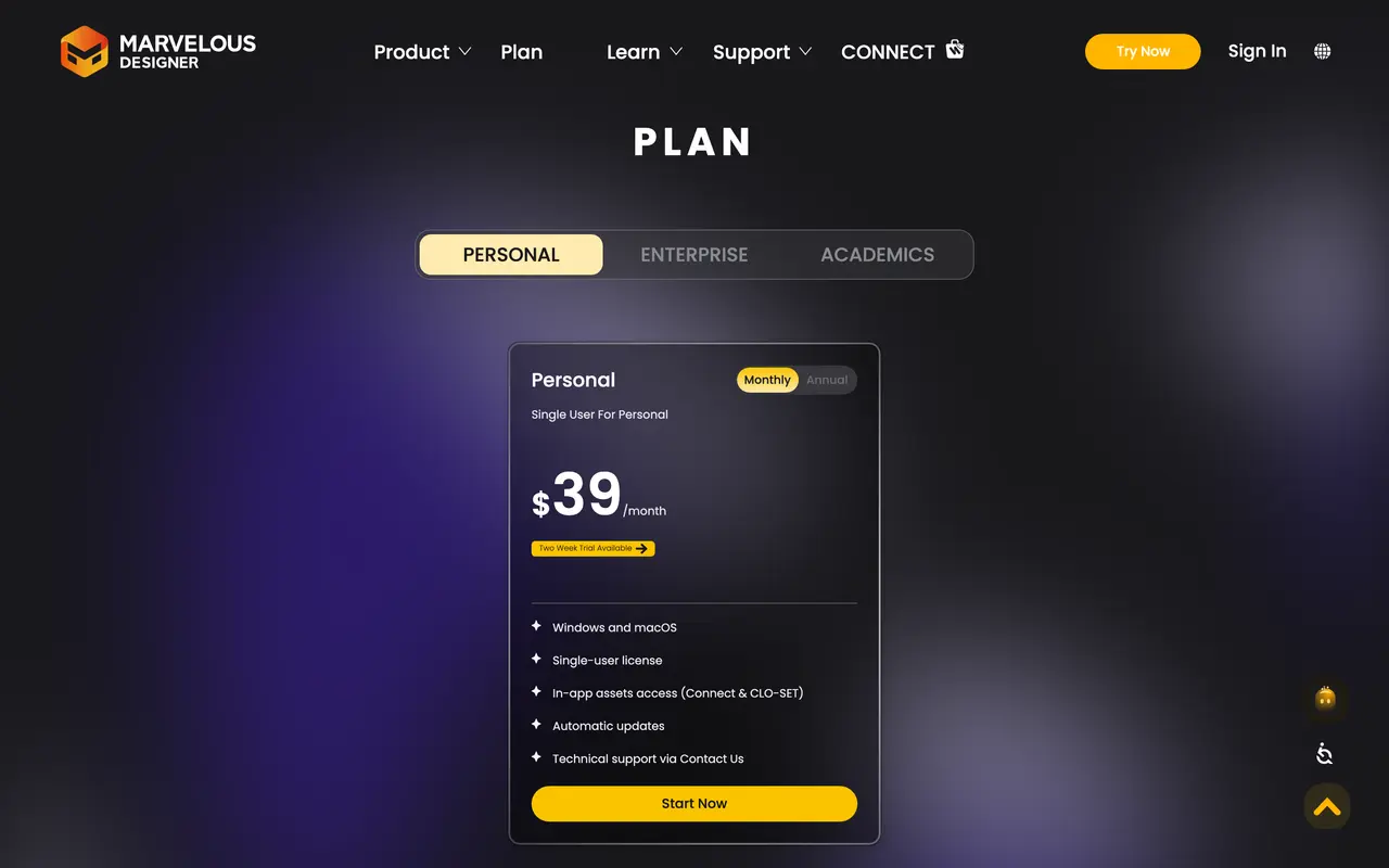 Marvelous Designer pricing page - Creative SaaS pricing tiers and plans