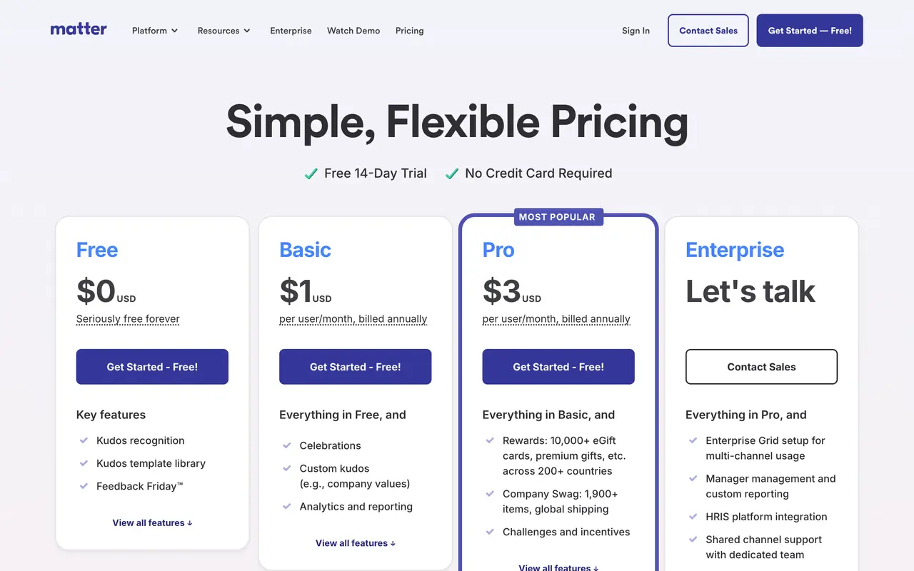 Matter pricing page - Employee Engagement SaaS pricing tiers and plans