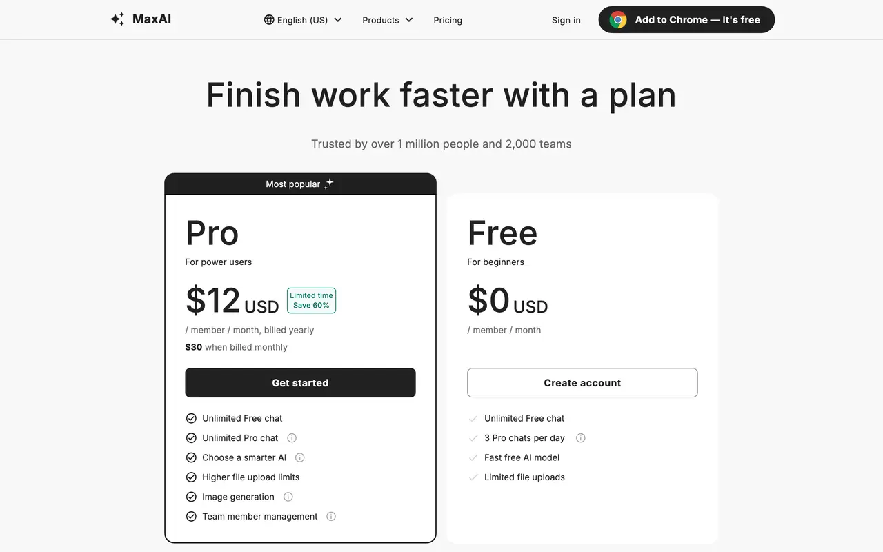 MaxAI pricing page - AI Productivity SaaS pricing tiers and plans