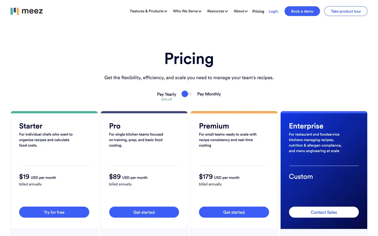 Meez pricing page - Food & Restaurant Tech SaaS pricing tiers and plans