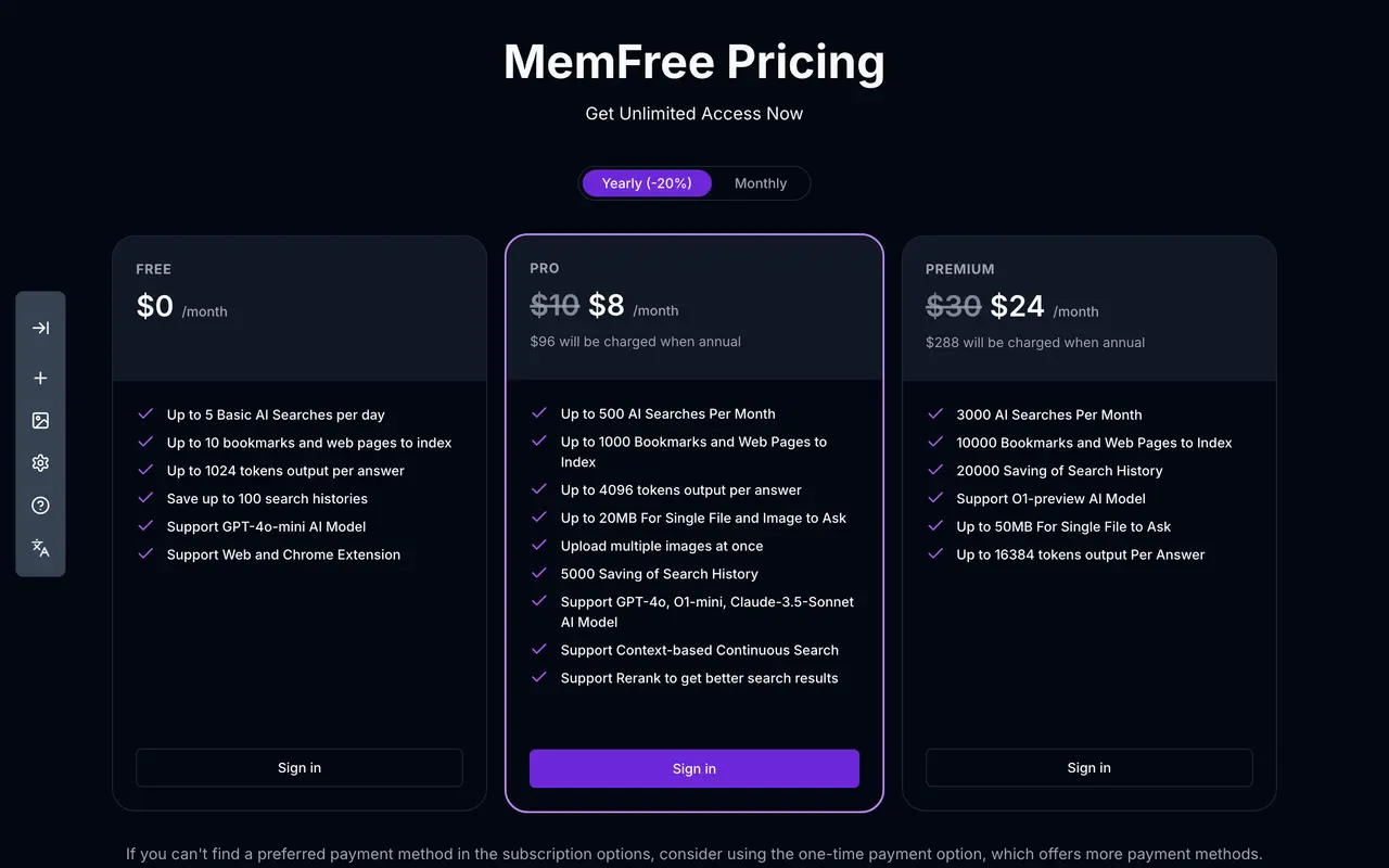 MemFree pricing page - AI Search & RAG SaaS pricing tiers and plans