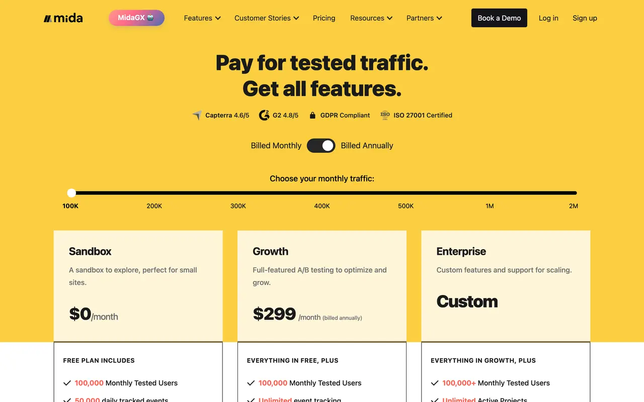 Mida pricing page - Analytics SaaS pricing tiers and plans