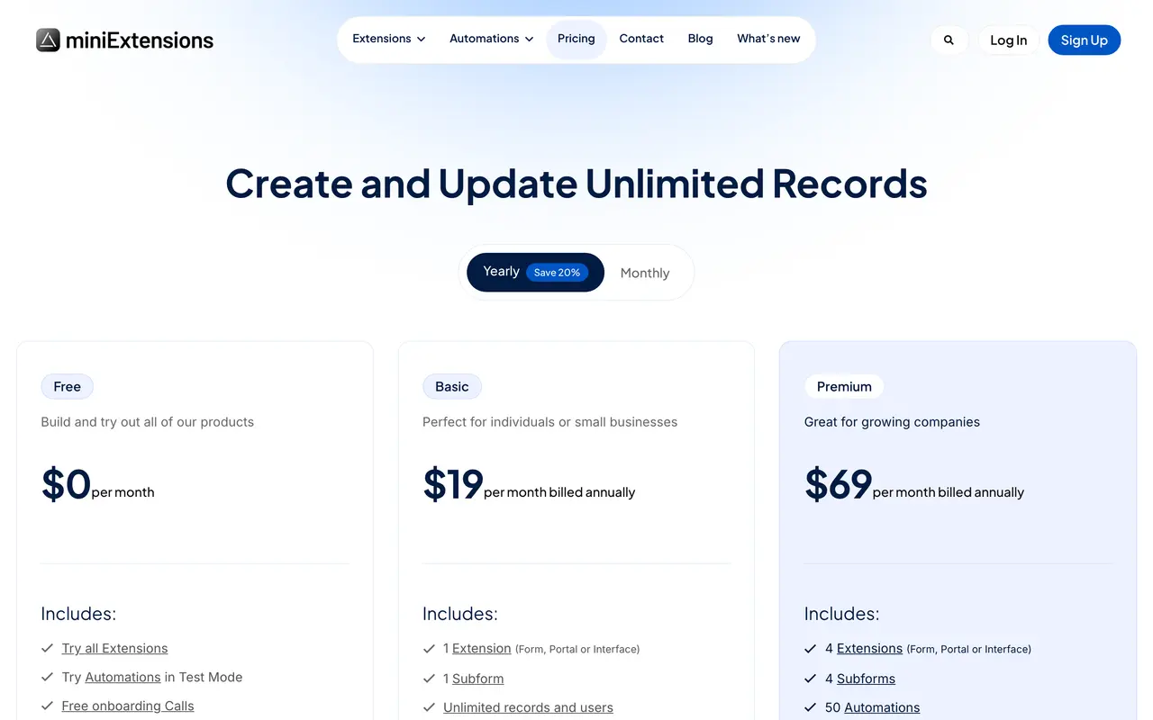 MiniExtensions pricing page - Airtable SaaS pricing tiers and plans