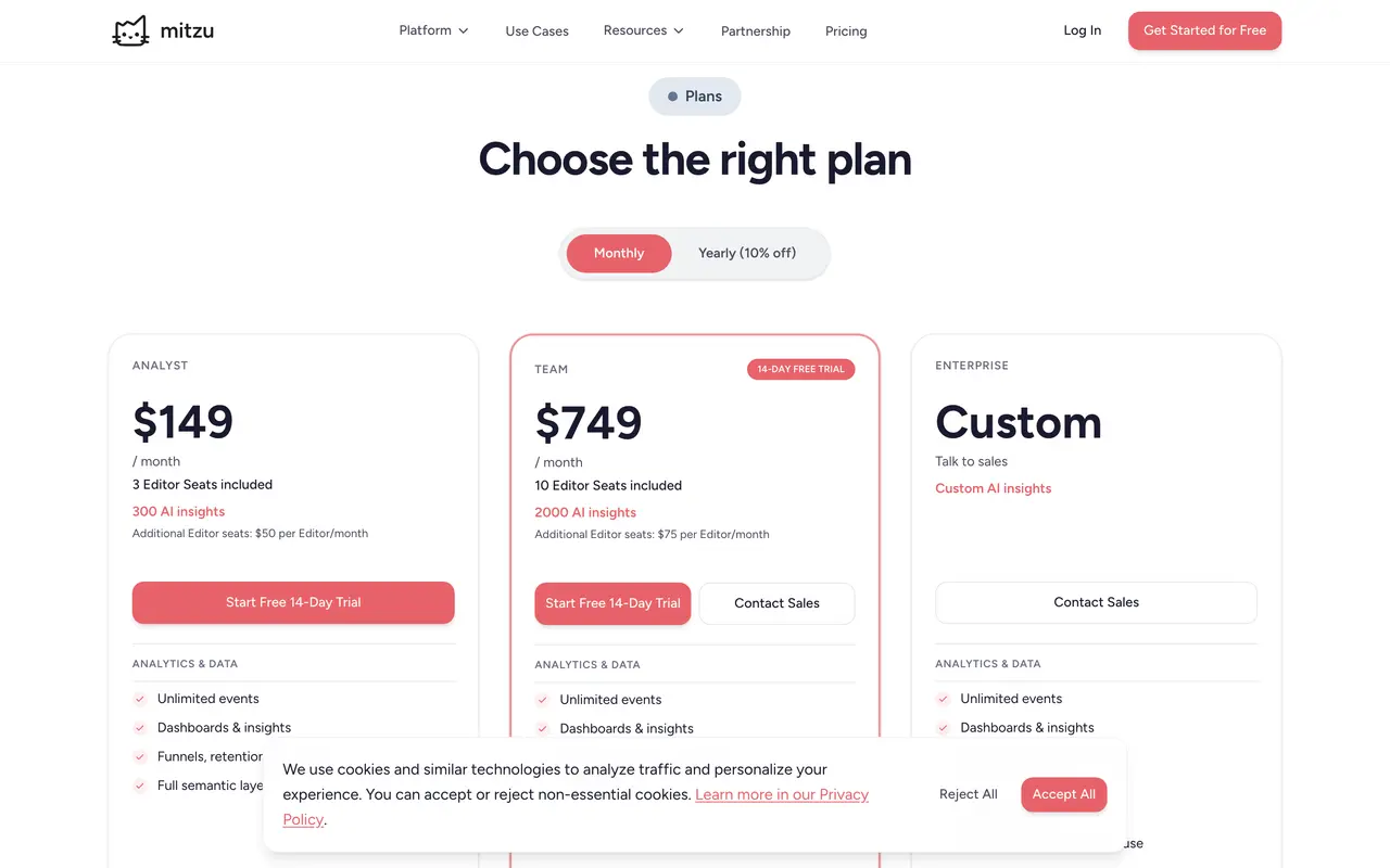 Mitzu pricing page - Analytics SaaS pricing tiers and plans
