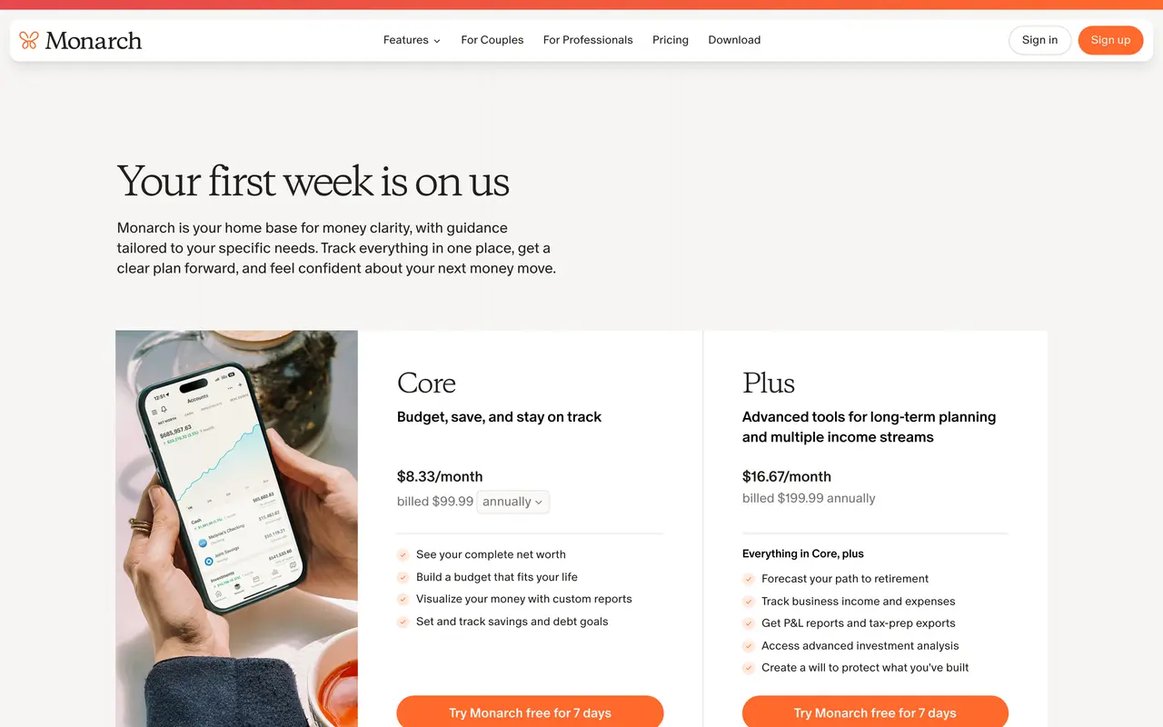 Monarch Money pricing page - Personal Finance SaaS pricing tiers and plans