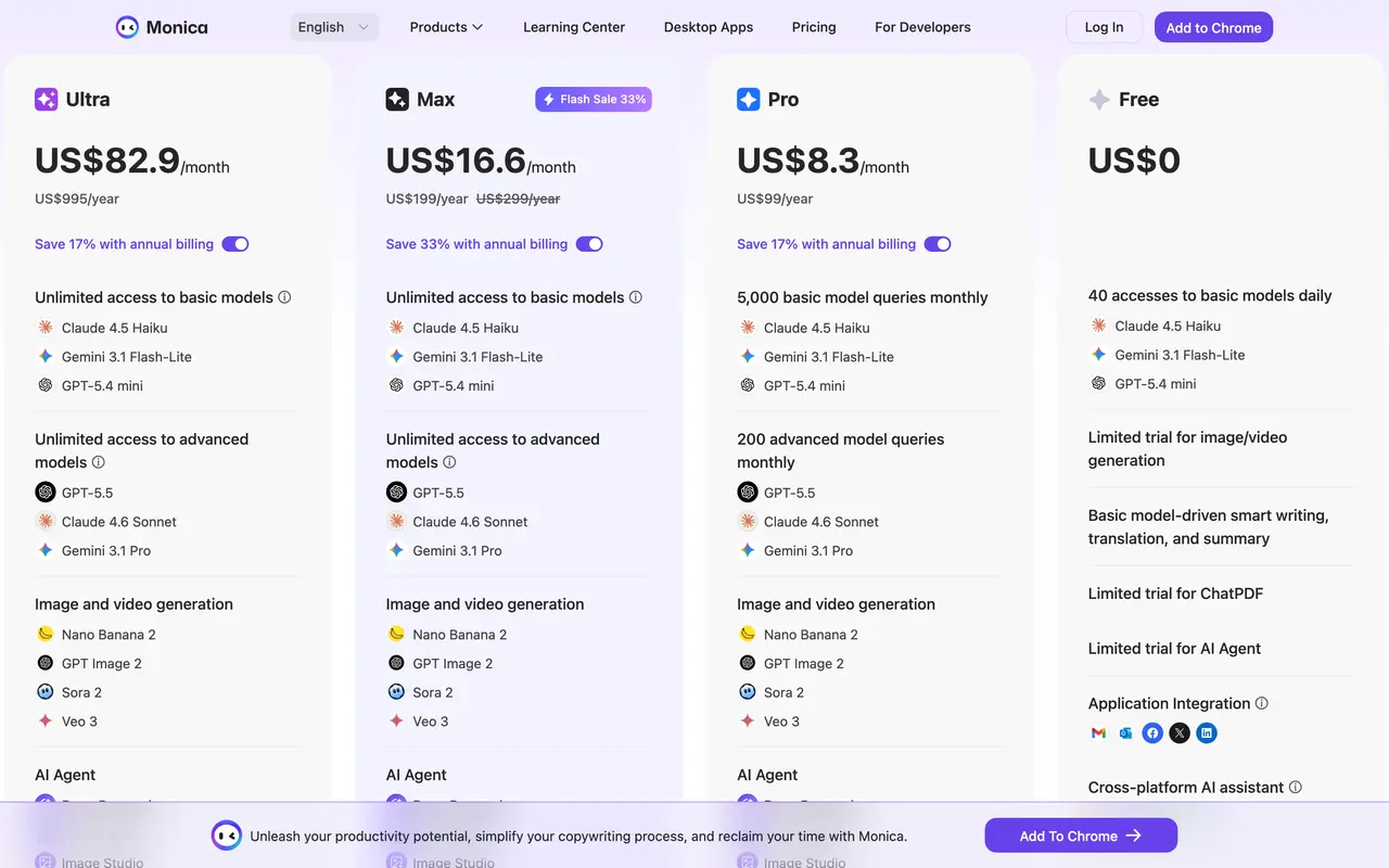 Monica pricing page - AI Productivity SaaS pricing tiers and plans