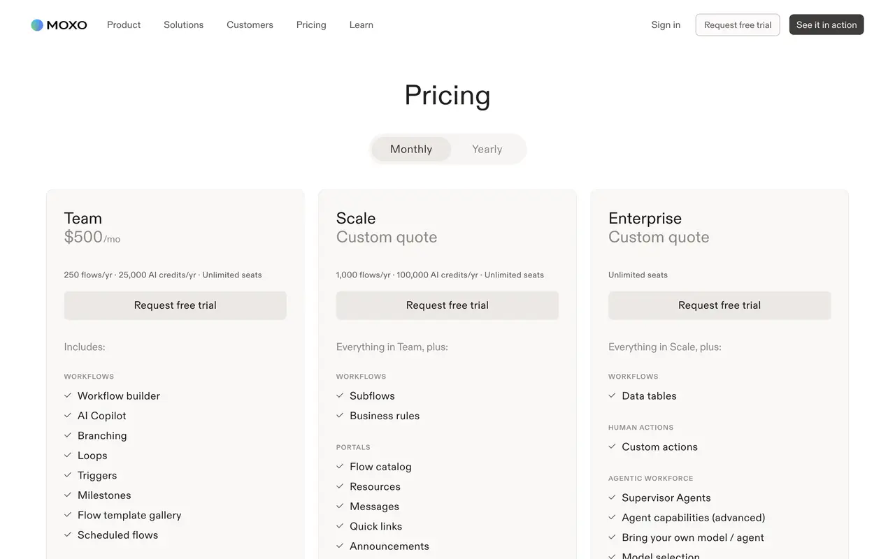 Moxo pricing page - Client Portal SaaS pricing tiers and plans
