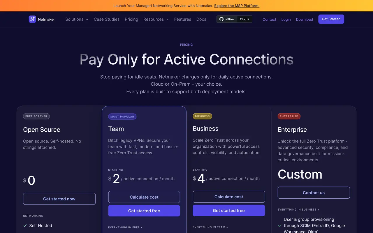 Netmaker pricing page - VPN & Network Security SaaS pricing tiers and plans
