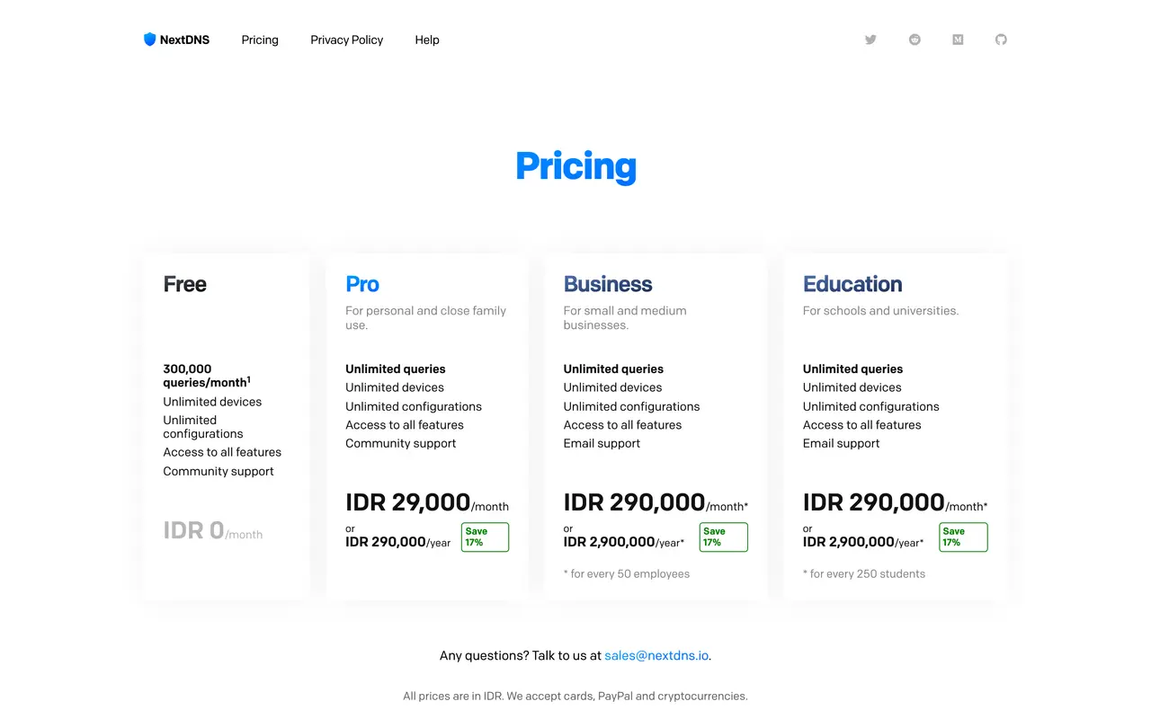 NextDNS pricing page - VPN & Network Security SaaS pricing tiers and plans