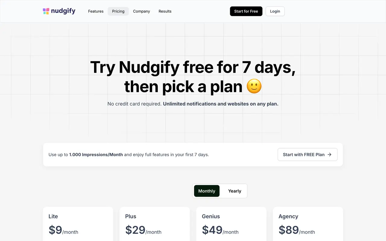 Nudgify pricing page - Conversion Optimization SaaS pricing tiers and plans