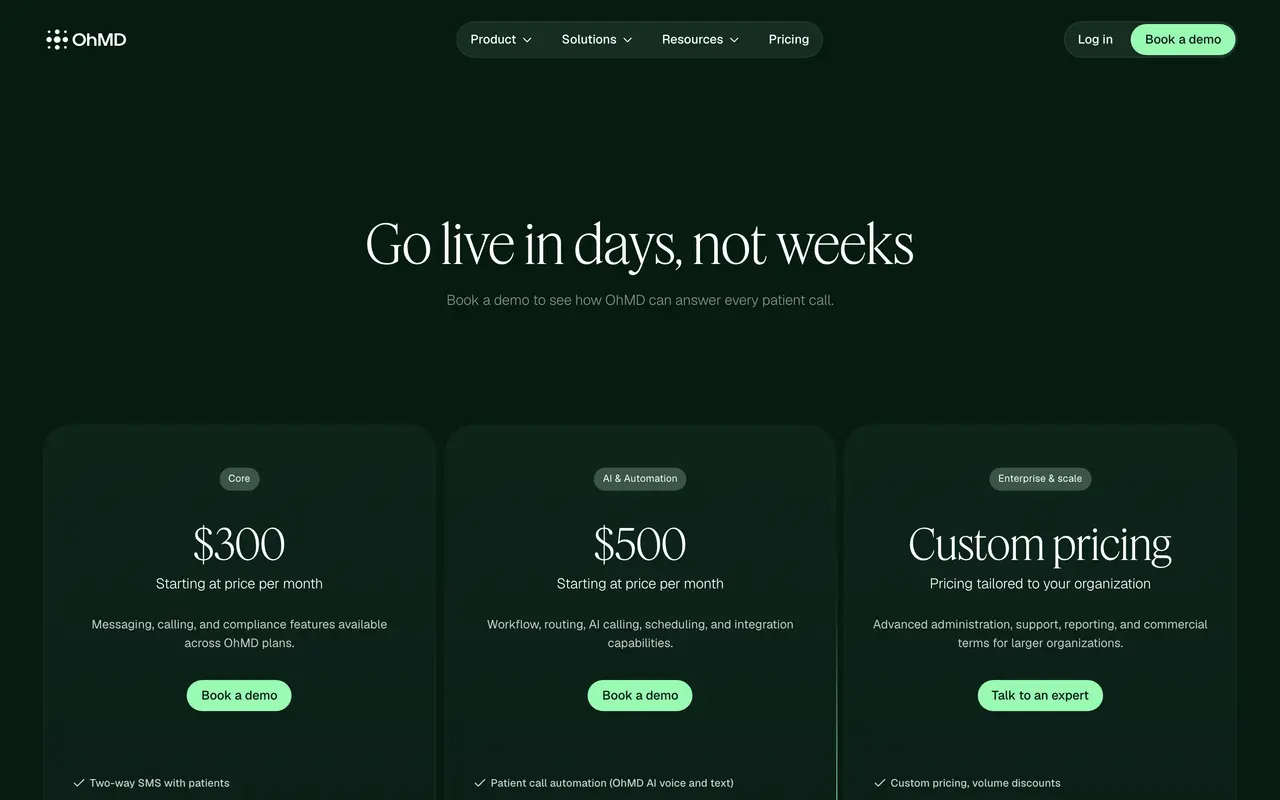 OhMD pricing page - Healthcare SaaS pricing tiers and plans