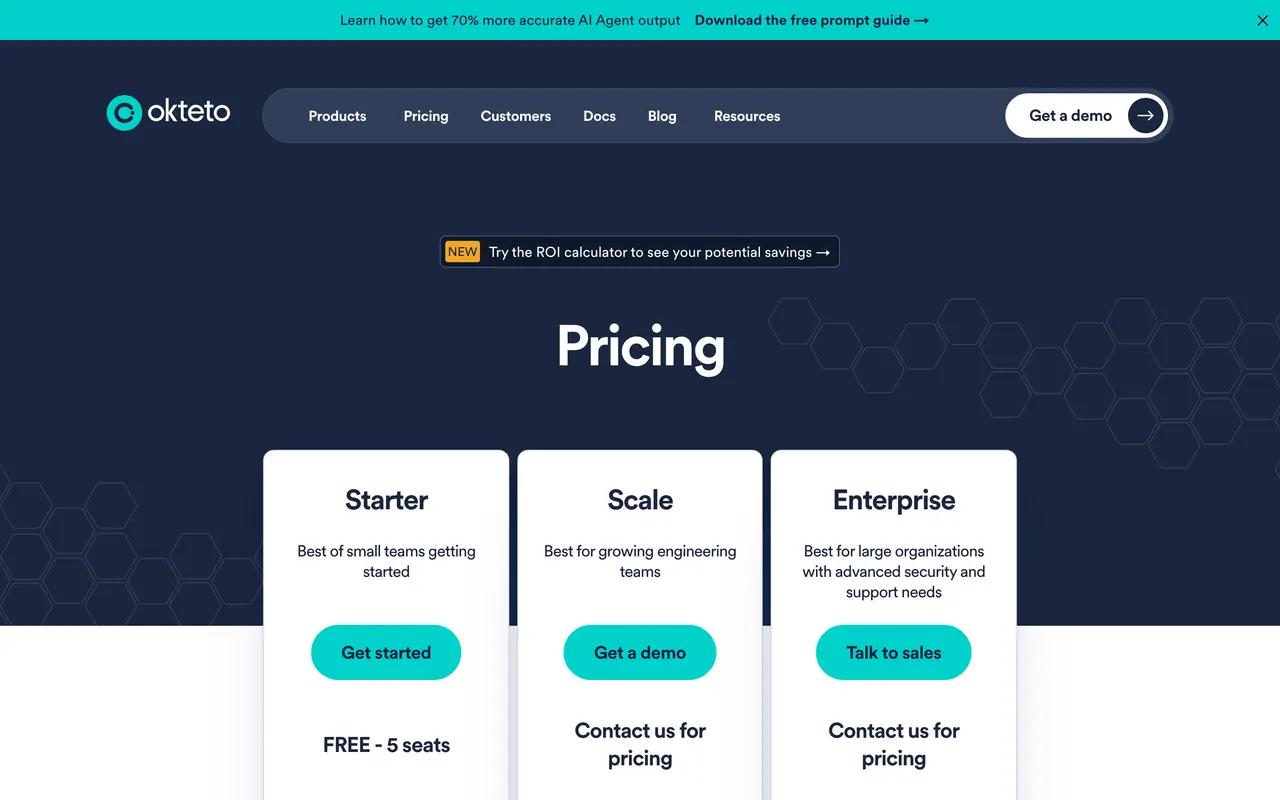 Okteto pricing page - Container & Kubernetes SaaS pricing tiers and plans