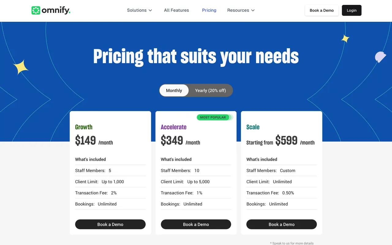 Omnify pricing page - Booking SaaS pricing tiers and plans