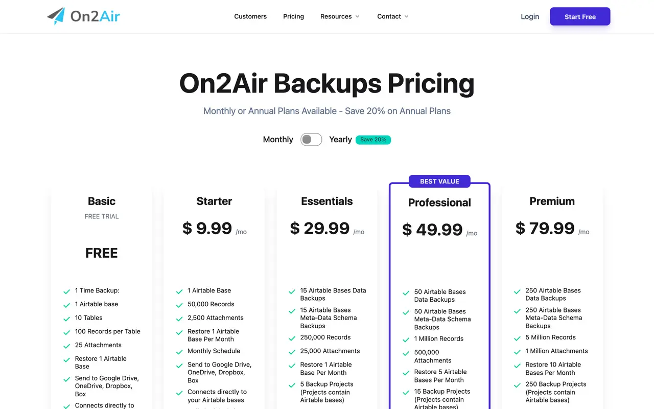 On2Air pricing page - Airtable SaaS pricing tiers and plans