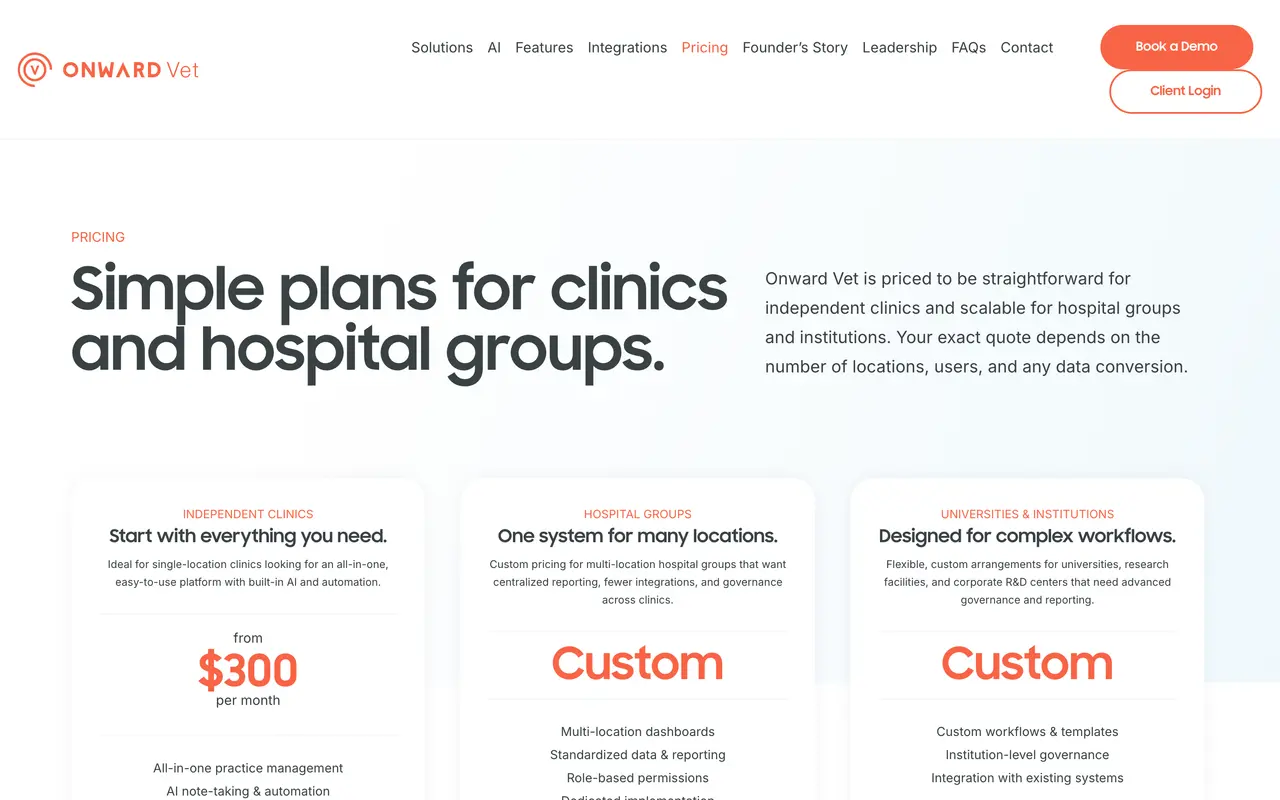 Onward Vet pricing page - Veterinary SaaS pricing tiers and plans