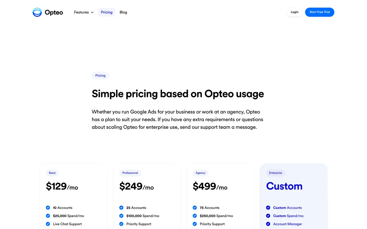 Opteo pricing page - PPC SaaS pricing tiers and plans