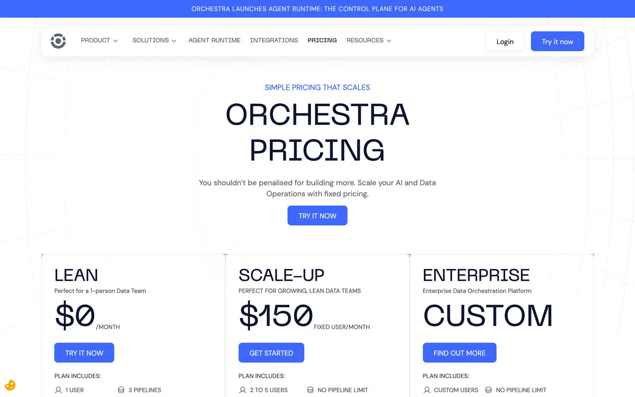 Orchestra pricing page - Data SaaS pricing tiers and plans