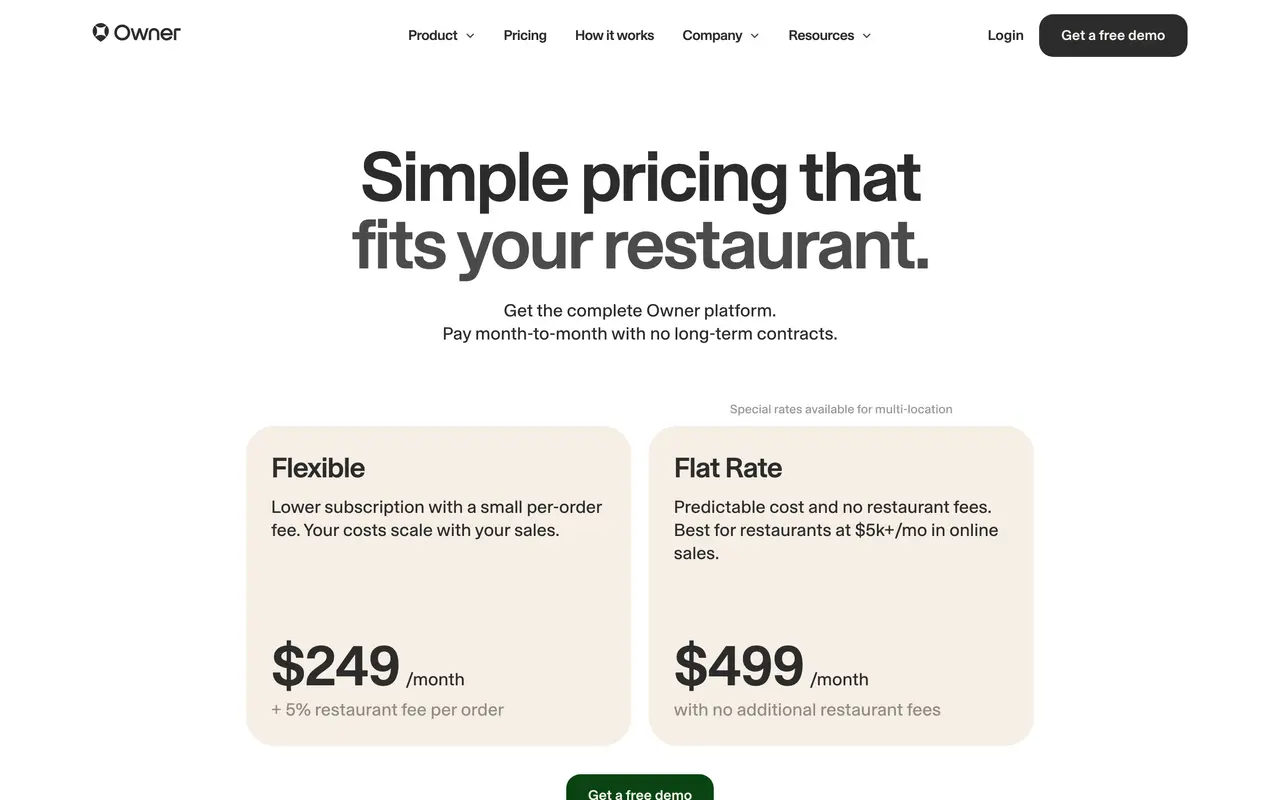 Owner pricing page - Restaurant SaaS pricing tiers and plans
