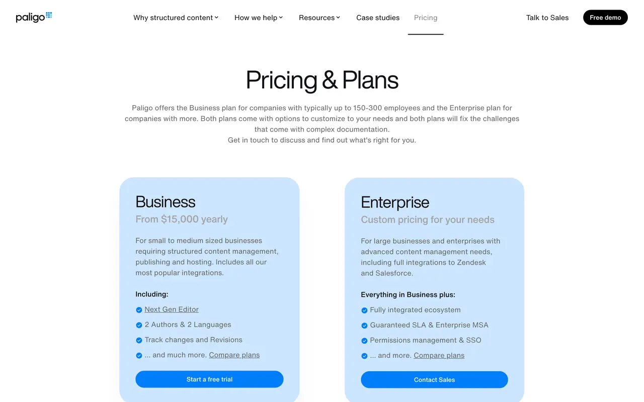 Paligo pricing page - Knowledge Base & Documentation SaaS pricing tiers and plans