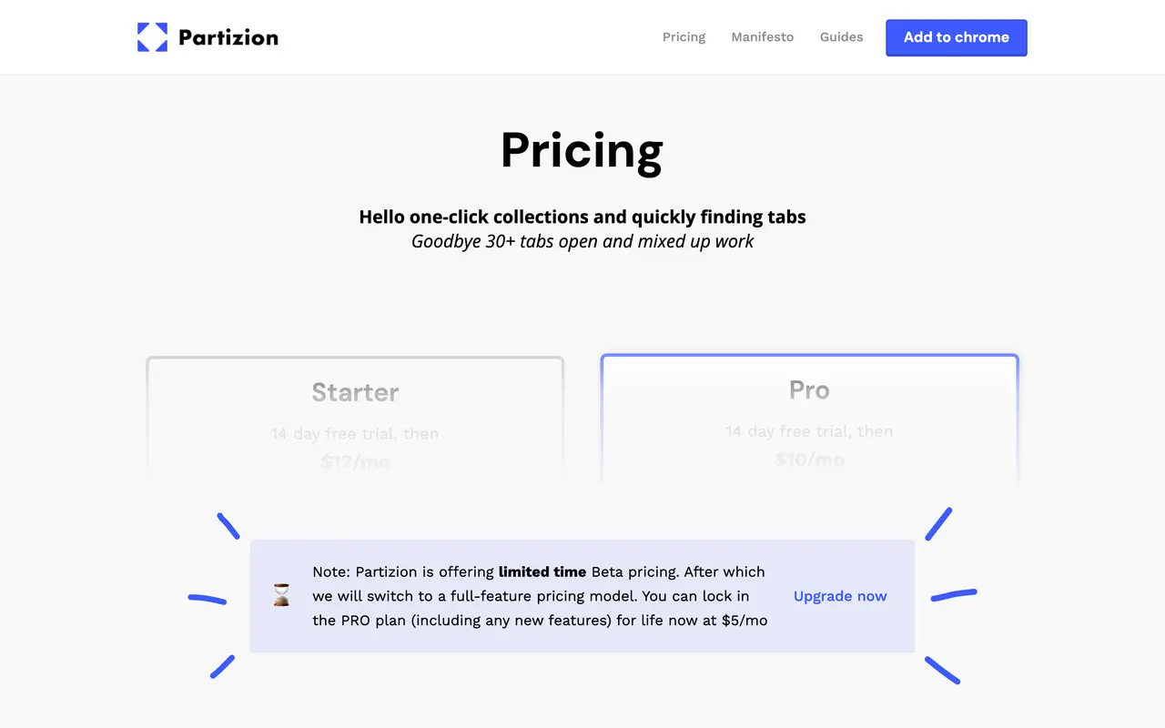 Partizion pricing page - Chrome Extension SaaS pricing tiers and plans