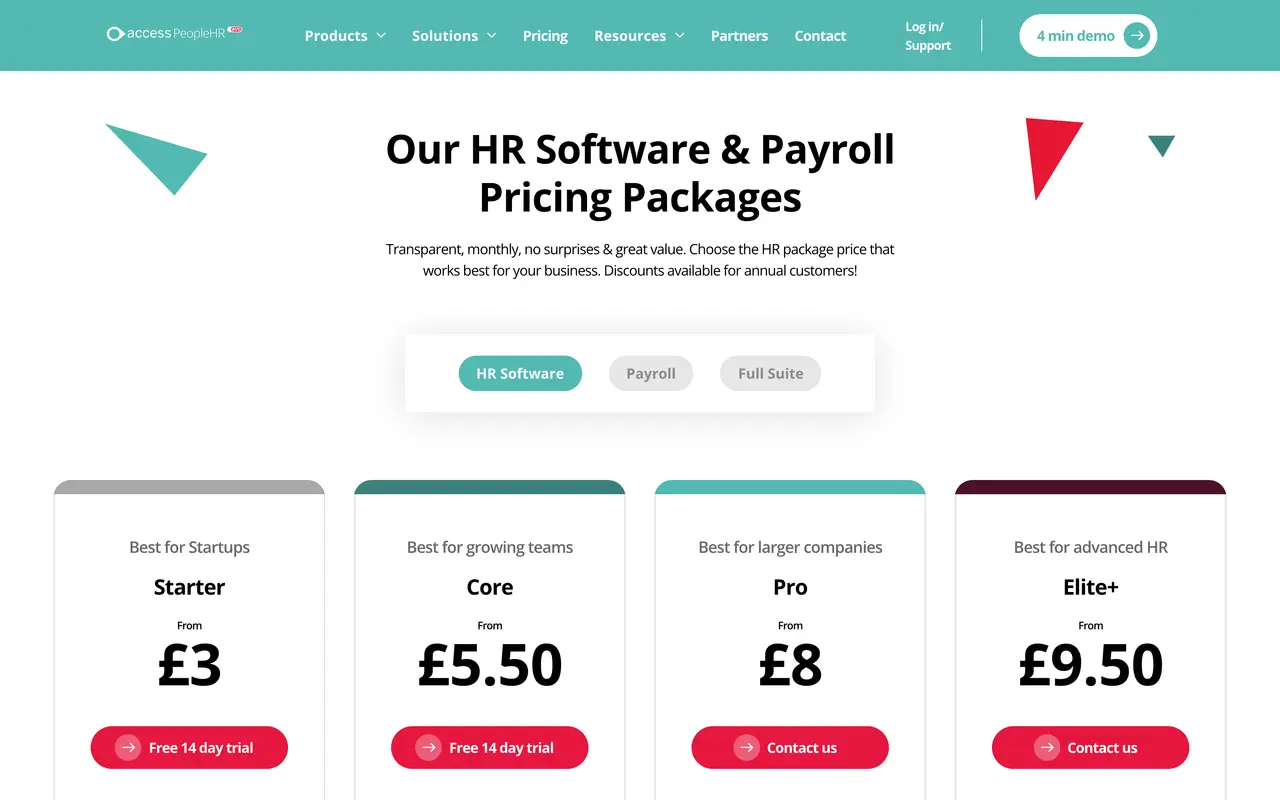 PeopleHR pricing page - HR SaaS pricing tiers and plans