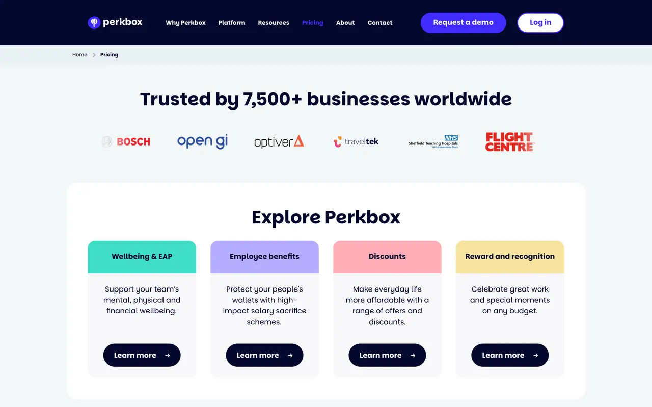 Perkbox pricing page - Employee Engagement SaaS pricing tiers and plans