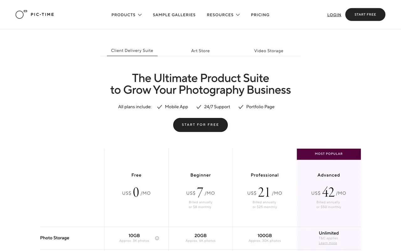 Pic-Time pricing page - Digital Asset Management SaaS pricing tiers and plans