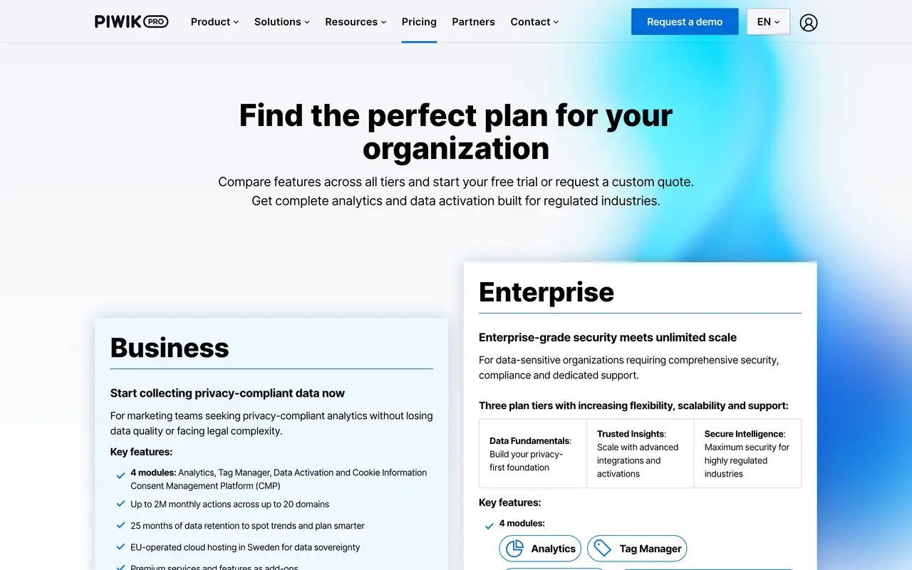 Piwik PRO pricing page - Web Analytics SaaS pricing tiers and plans